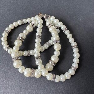 Vintage Pearl Bracelet Set Rhinestone Accents Three Strand‎ Toggle Clasp